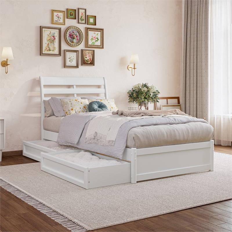 Emelie Twin XL Wood Platform Bed with Panel Footboard & Storage Drawers in White