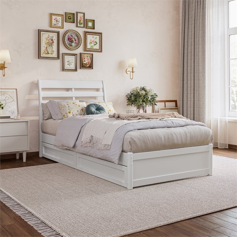 Emelie Twin XL Wood Platform Bed with Panel Footboard & Storage Drawers in White