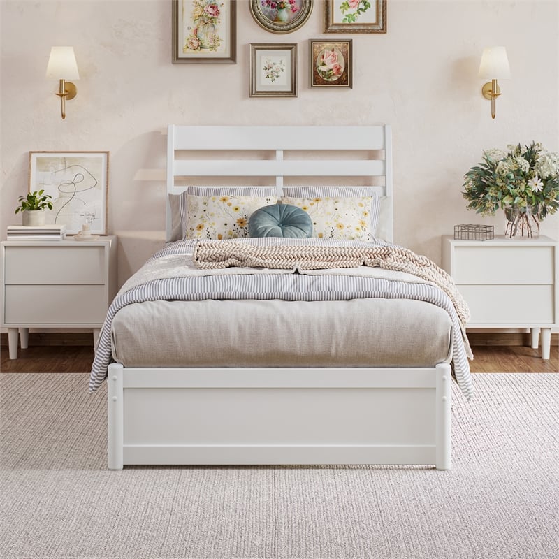 Emelie Twin XL Wood Platform Bed with Panel Footboard & Storage Drawers in White
