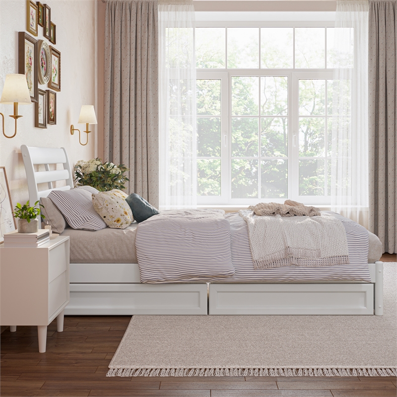 Emelie Twin XL Wood Platform Bed with Panel Footboard & Storage Drawers in White