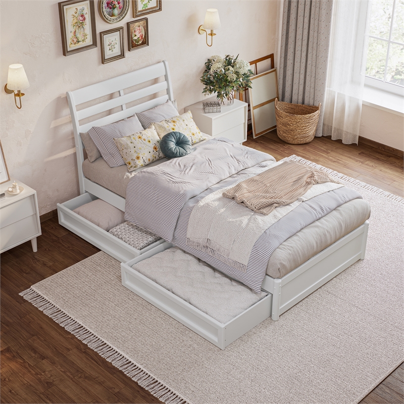 Emelie Twin XL Wood Platform Bed with Panel Footboard & Storage Drawers in White
