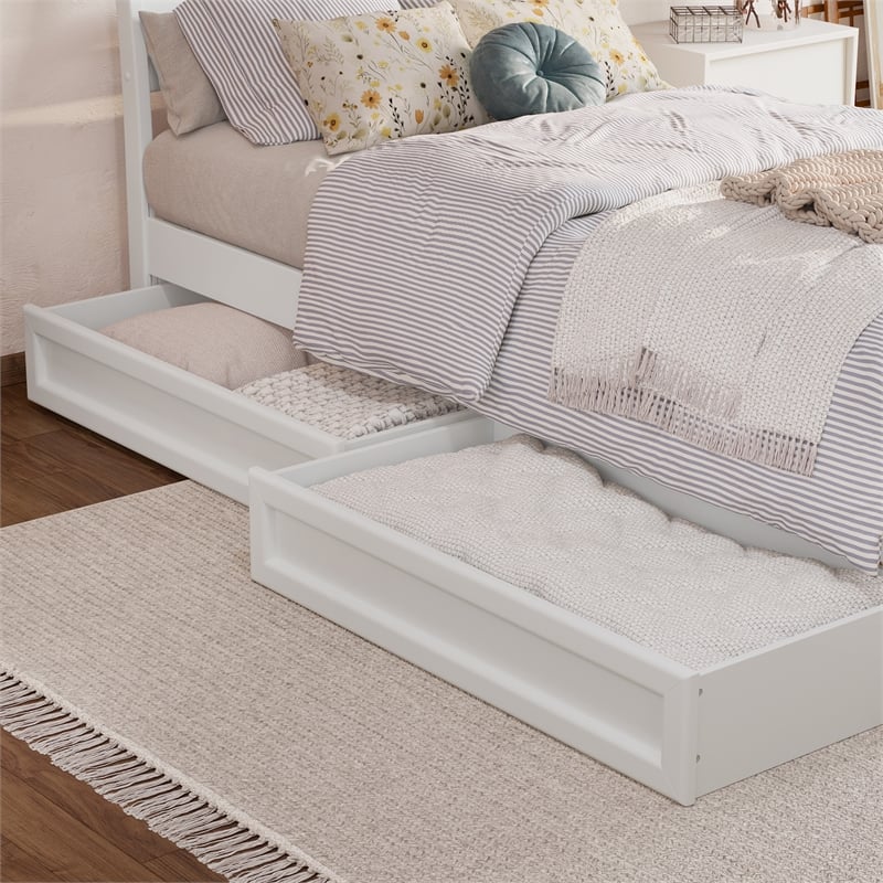 Emelie Twin XL Wood Platform Bed with Panel Footboard & Storage Drawers in White