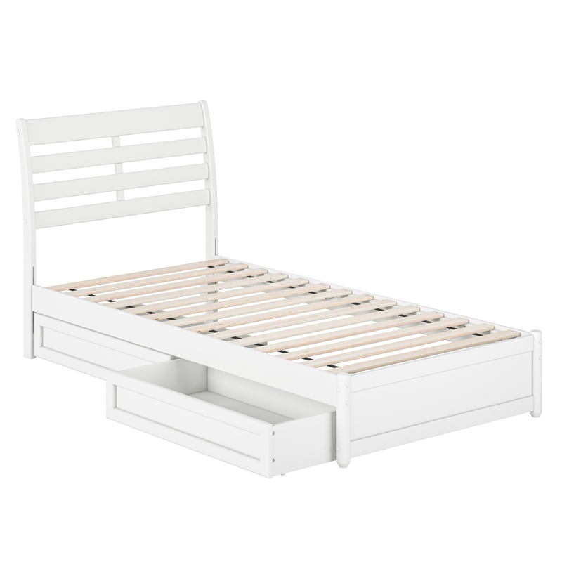 Emelie Twin XL Wood Platform Bed with Panel Footboard & Storage Drawers in White