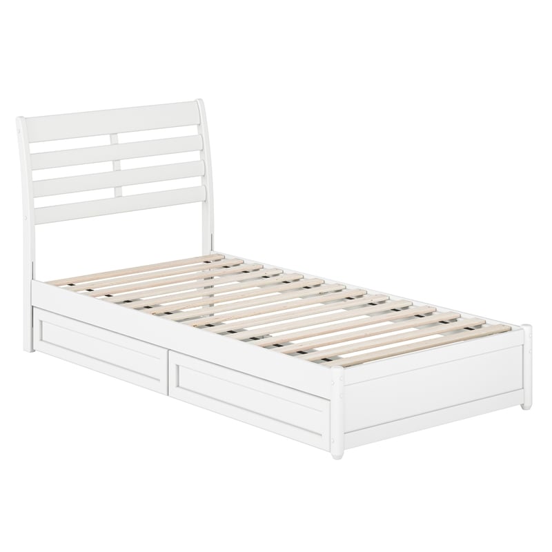 Emelie Twin XL Wood Platform Bed with Panel Footboard & Storage Drawers in White