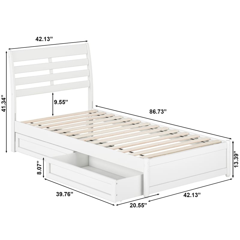 Emelie Twin XL Wood Platform Bed with Panel Footboard & Storage Drawers in White