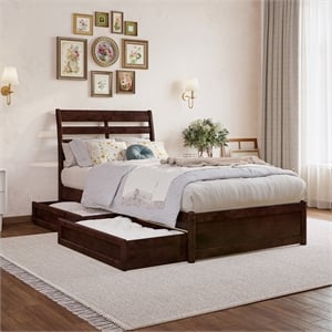 Emelie Twin XL Wood Platform Bed with Panel Footboard & Drawers in Walnut