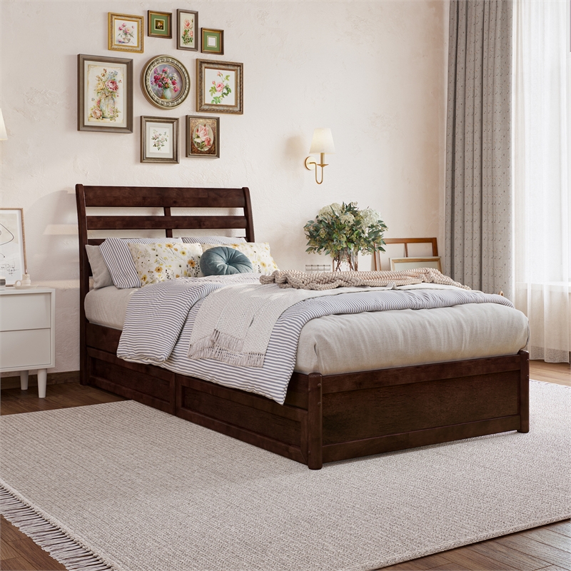 Emelie Twin XL Wood Platform Bed with Panel Footboard & Drawers in Walnut