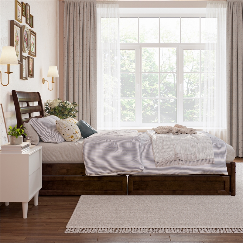 Emelie Twin XL Wood Platform Bed with Panel Footboard & Drawers in Walnut