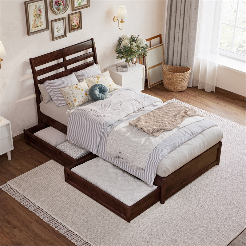 Emelie Twin XL Wood Platform Bed with Panel Footboard & Drawers in Walnut