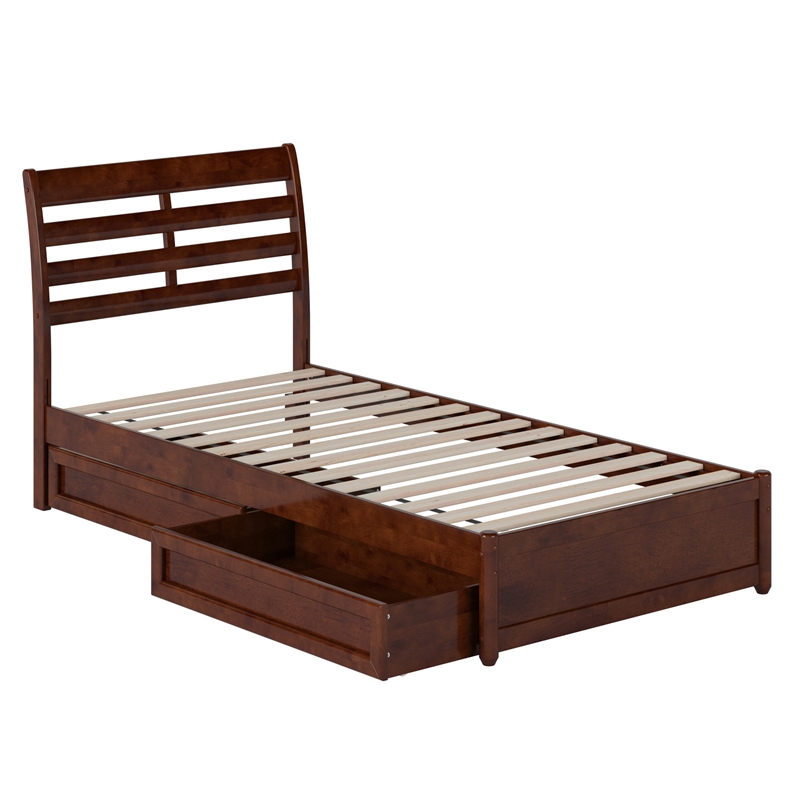 Emelie Twin XL Wood Platform Bed with Panel Footboard & Drawers in Walnut