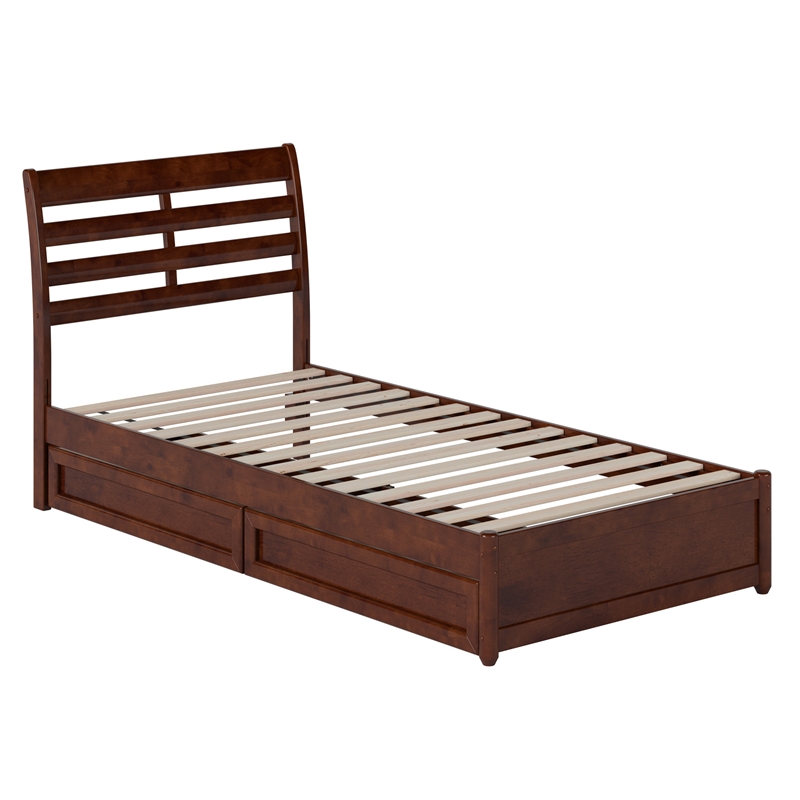 Emelie Twin XL Wood Platform Bed with Panel Footboard & Drawers in Walnut