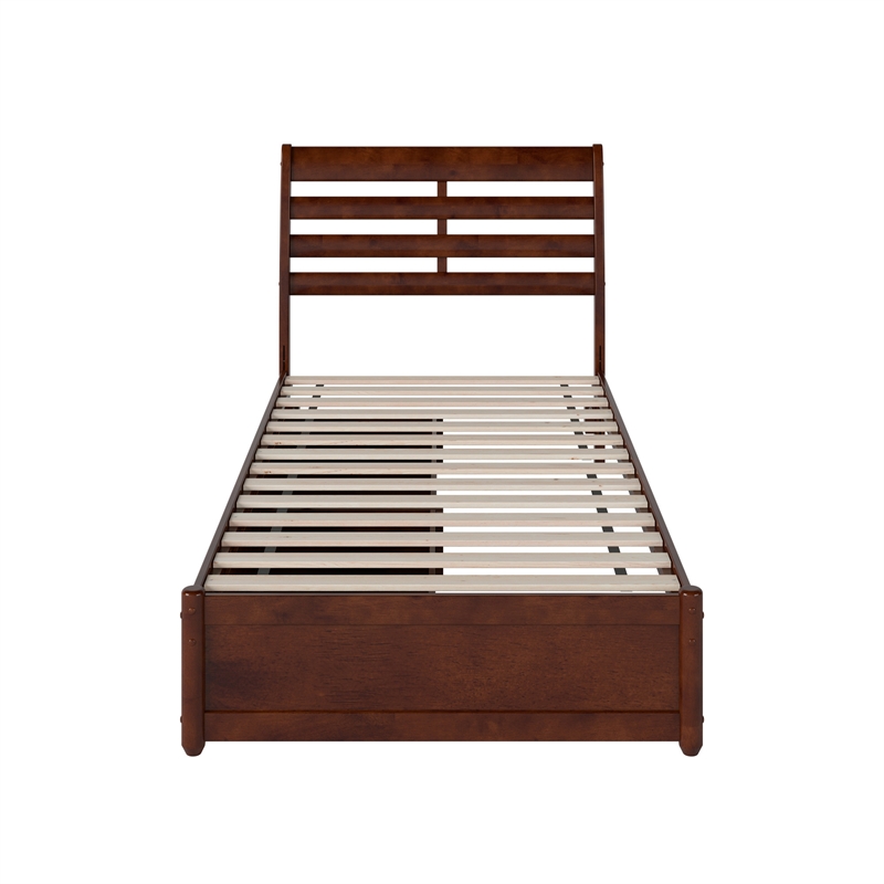 Emelie Twin XL Wood Platform Bed with Panel Footboard & Drawers in Walnut