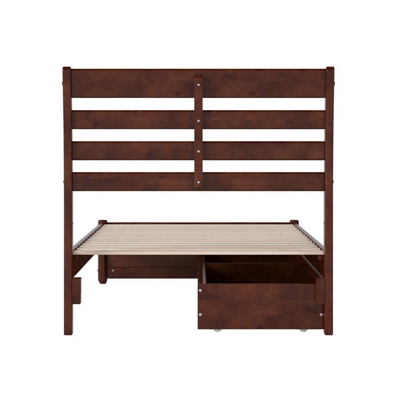 Emelie Twin XL Wood Platform Bed with Panel Footboard & Drawers in Walnut