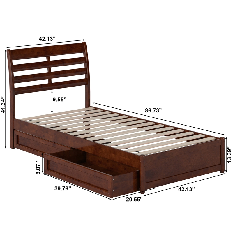 Emelie Twin XL Wood Platform Bed with Panel Footboard & Drawers in Walnut