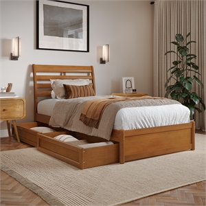 Emelie Twin XL Wood Platform Bed with Panel Footboard & Drawers in Light Toffee