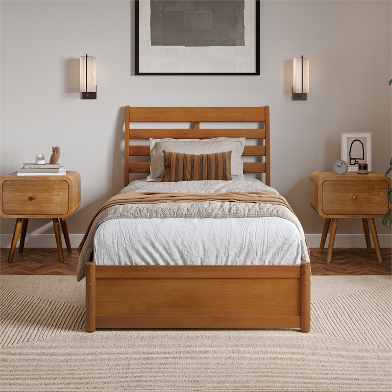 Emelie Twin XL Wood Platform Bed with Panel Footboard & Drawers in Light Toffee