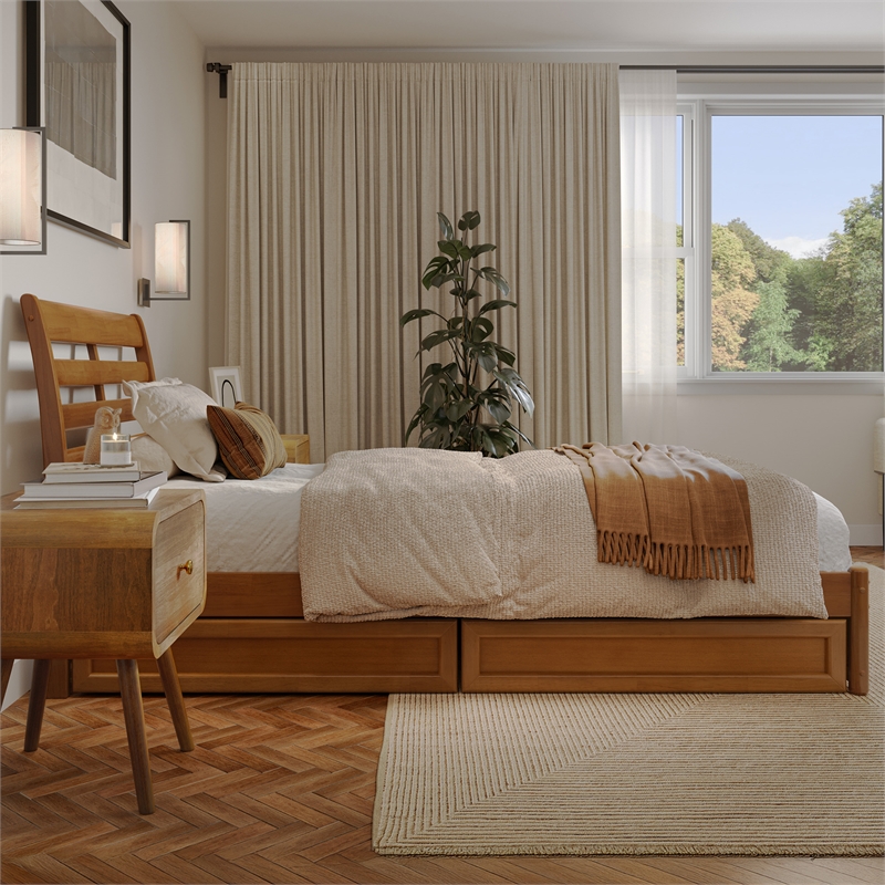 Emelie Twin XL Wood Platform Bed with Panel Footboard & Drawers in Light Toffee