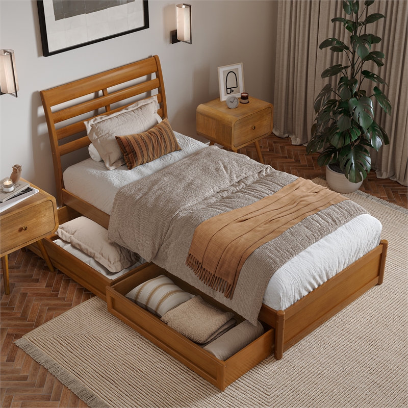 Emelie Twin XL Wood Platform Bed with Panel Footboard & Drawers in Light Toffee