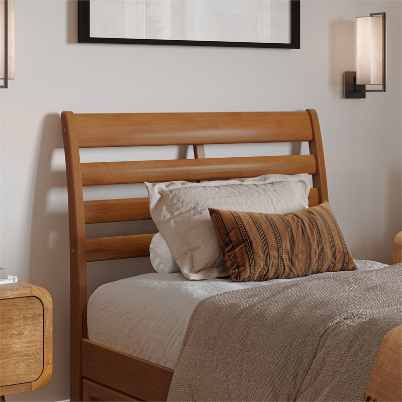 Emelie Twin XL Wood Platform Bed with Panel Footboard & Drawers in Light Toffee