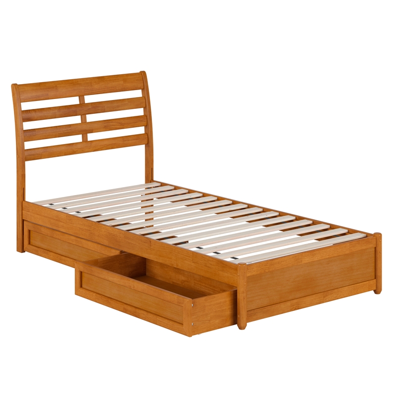 Emelie Twin XL Wood Platform Bed with Panel Footboard & Drawers in Light Toffee