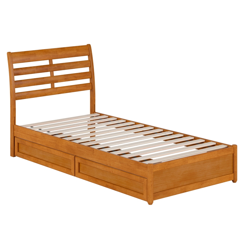 Emelie Twin XL Wood Platform Bed with Panel Footboard & Drawers in Light Toffee