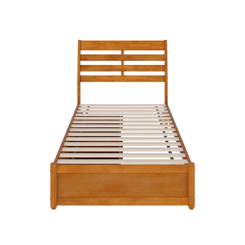 Emelie Twin XL Wood Platform Bed with Panel Footboard & Drawers in Light Toffee