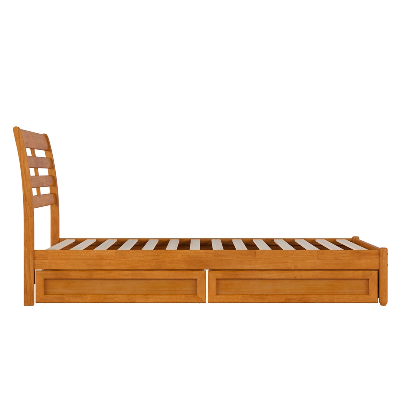 Emelie Twin XL Wood Platform Bed with Panel Footboard & Drawers in Light Toffee