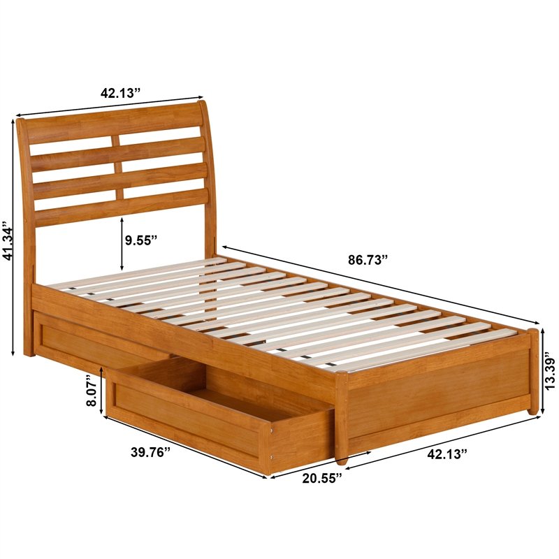 Emelie Twin XL Wood Platform Bed with Panel Footboard & Drawers in Light Toffee