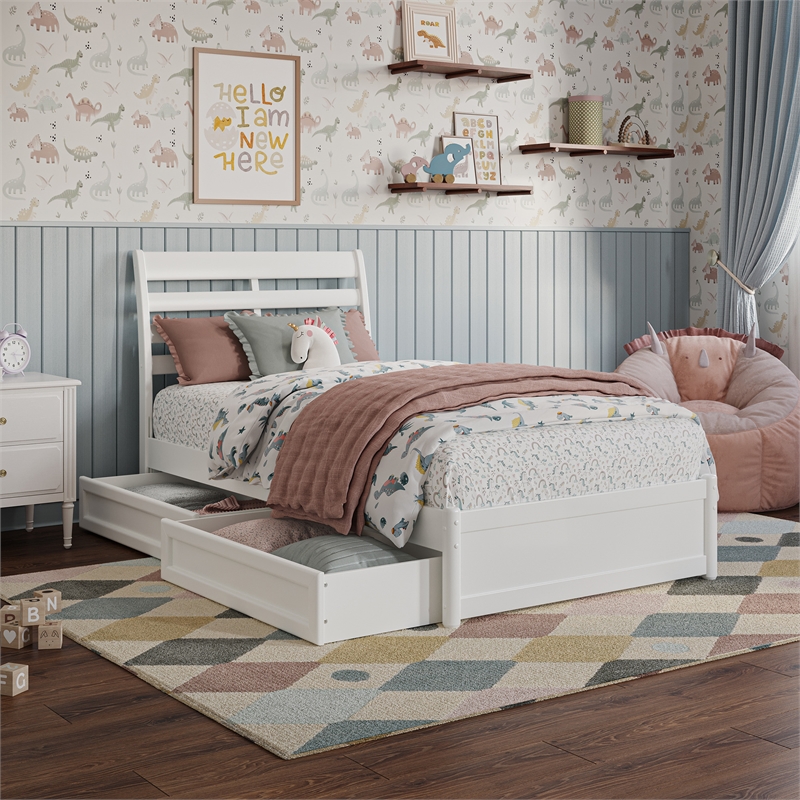 Emelie Twin Wood Platform Bed with Panel Footboard and Storage Drawers in White