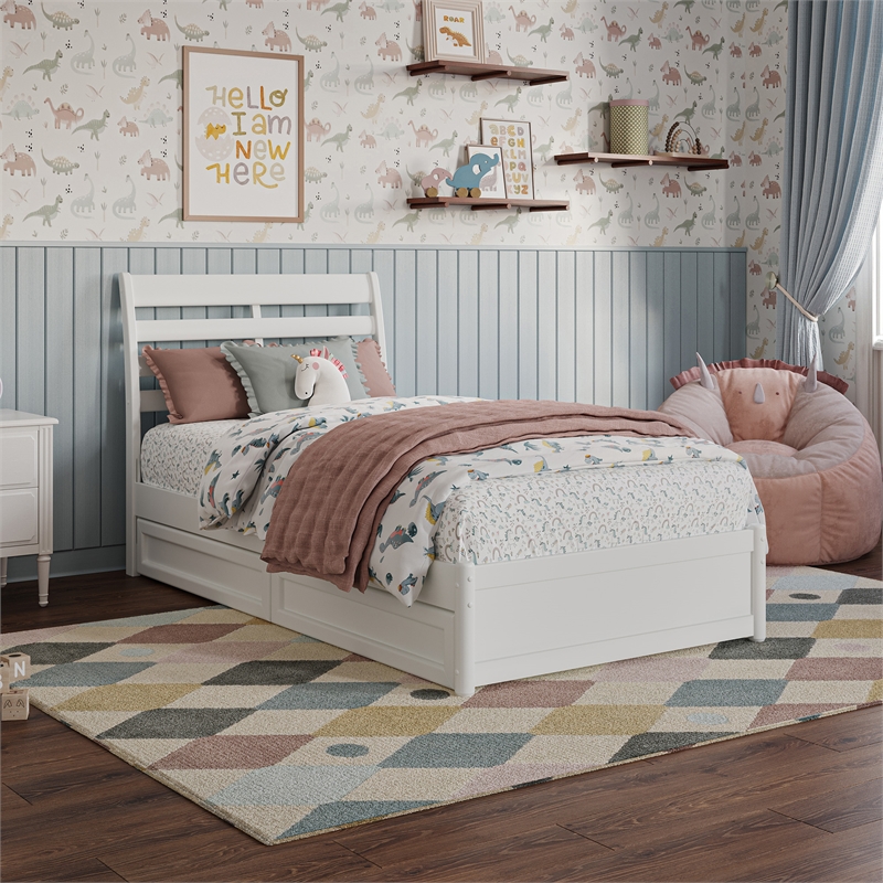 Emelie Twin Wood Platform Bed with Panel Footboard and Storage Drawers in White