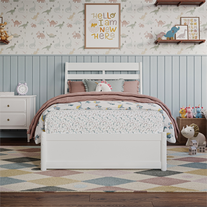Emelie Twin Wood Platform Bed with Panel Footboard and Storage Drawers in White