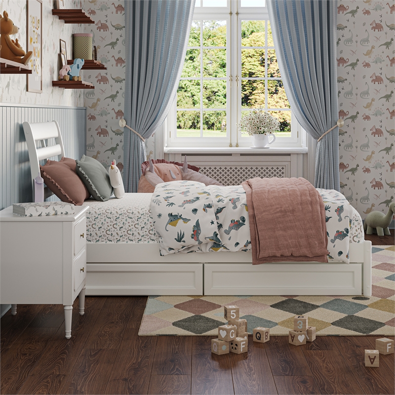 Emelie Twin Wood Platform Bed with Panel Footboard and Storage Drawers in White