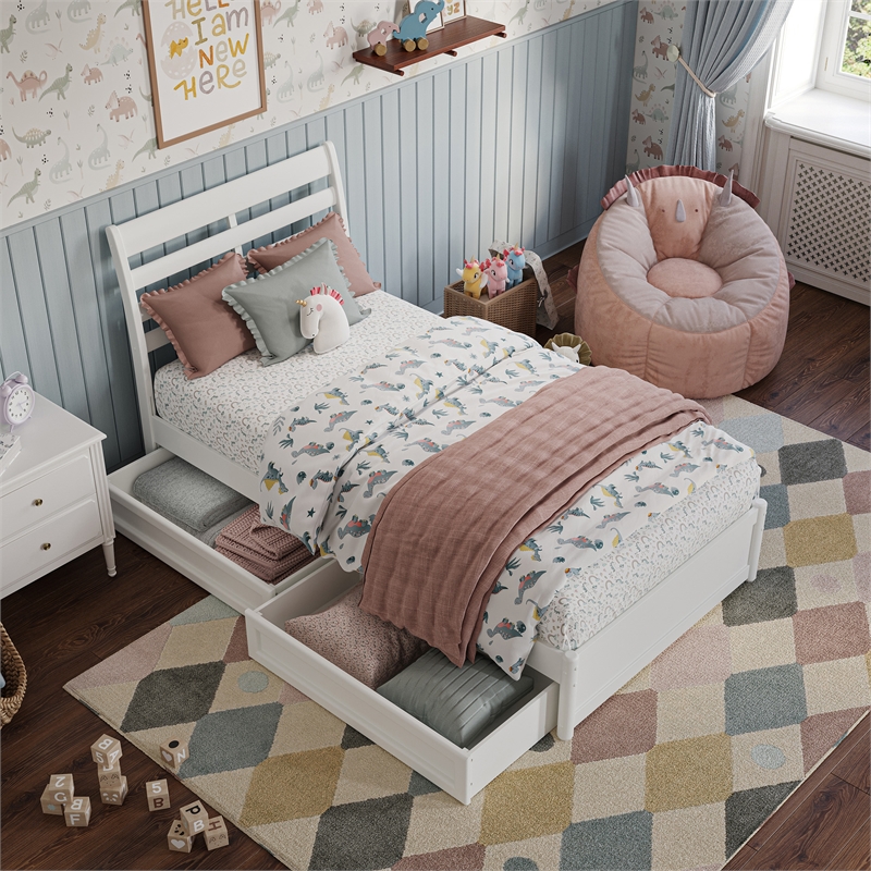 Emelie Twin Wood Platform Bed with Panel Footboard and Storage Drawers in White