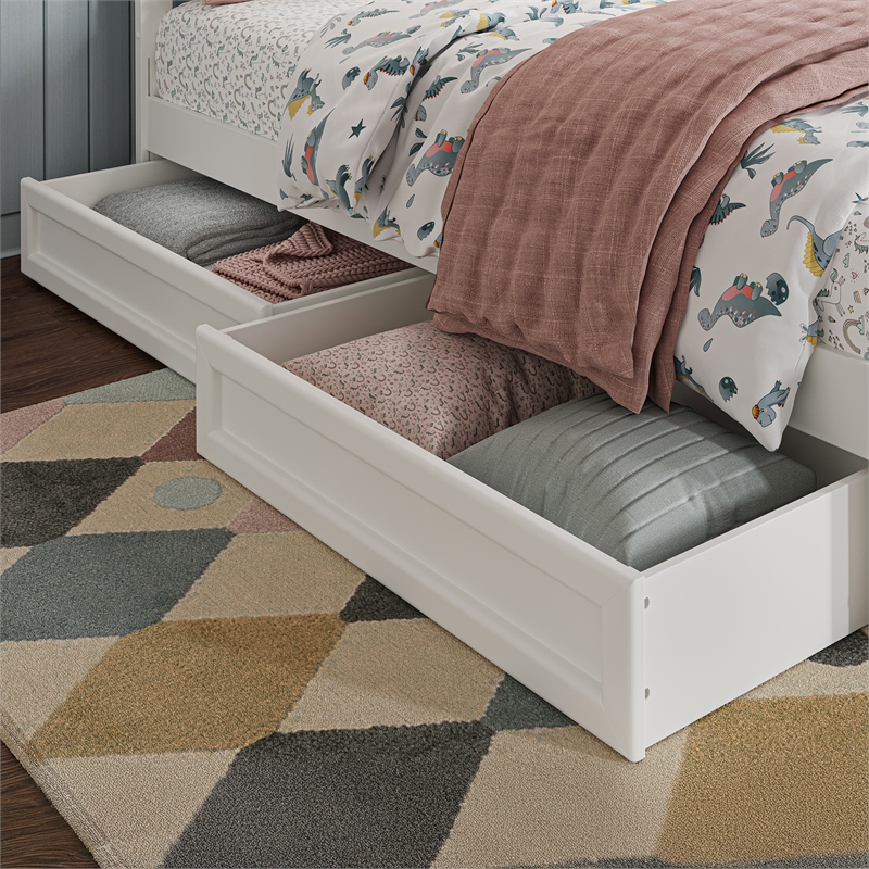 Emelie Twin Wood Platform Bed with Panel Footboard and Storage Drawers in White
