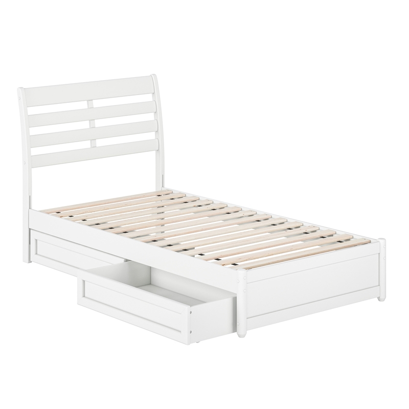 Emelie Twin Wood Platform Bed with Panel Footboard and Storage Drawers in White