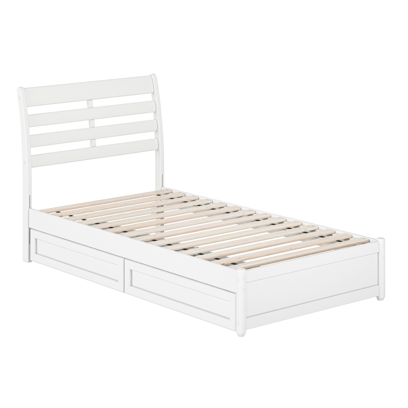 Emelie Twin Wood Platform Bed with Panel Footboard and Storage Drawers in White