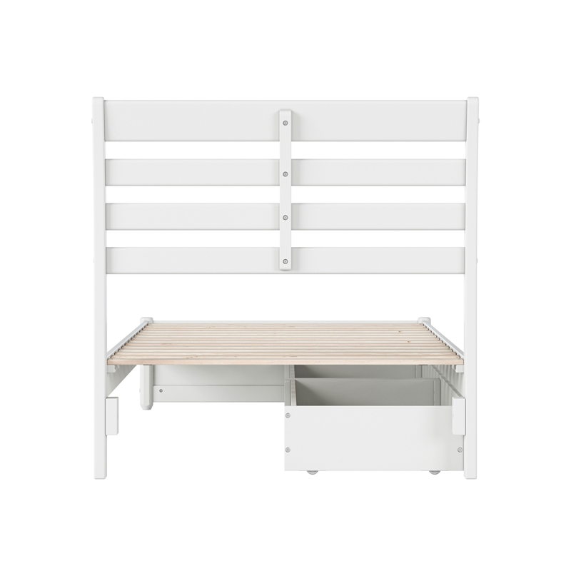 Emelie Twin Wood Platform Bed with Panel Footboard and Storage Drawers in White