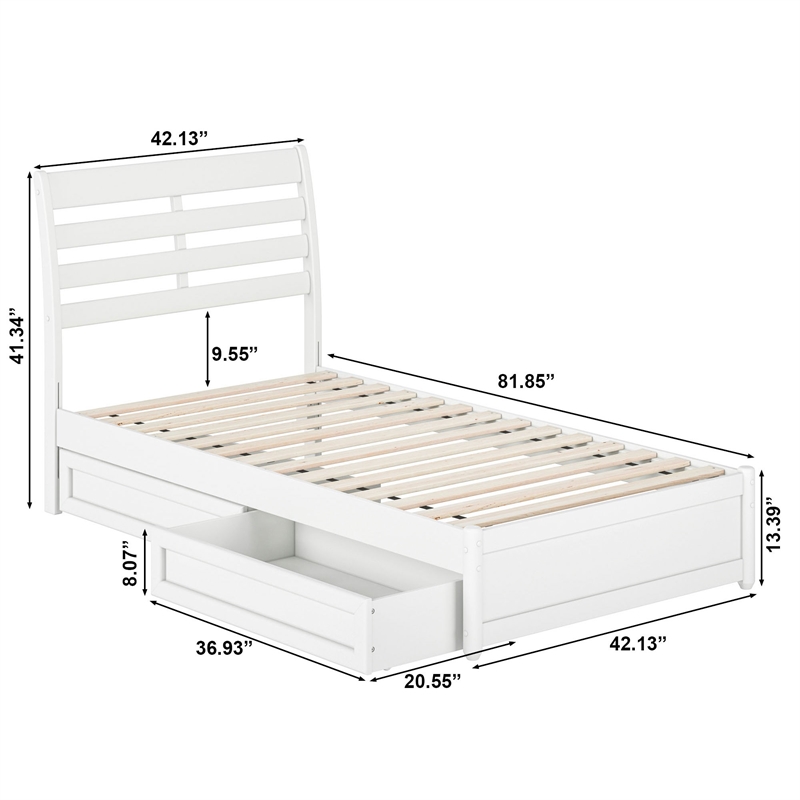 Emelie Twin Wood Platform Bed with Panel Footboard and Storage Drawers in White