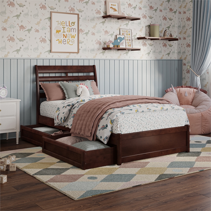 Emelie Twin Wood Platform Bed with Panel Footboard and Storage Drawers in Walnut