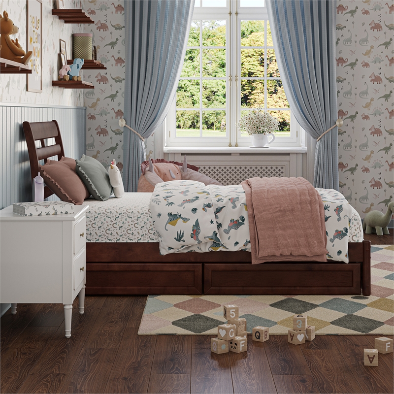 Emelie Twin Wood Platform Bed with Panel Footboard and Storage Drawers in Walnut