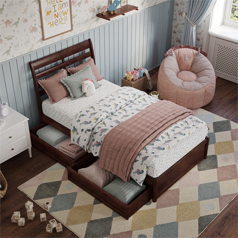 Emelie Twin Wood Platform Bed with Panel Footboard and Storage Drawers in Walnut
