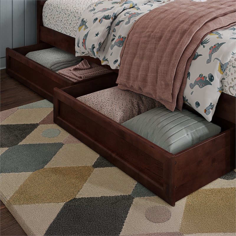 Emelie Twin Wood Platform Bed with Panel Footboard and Storage Drawers in Walnut