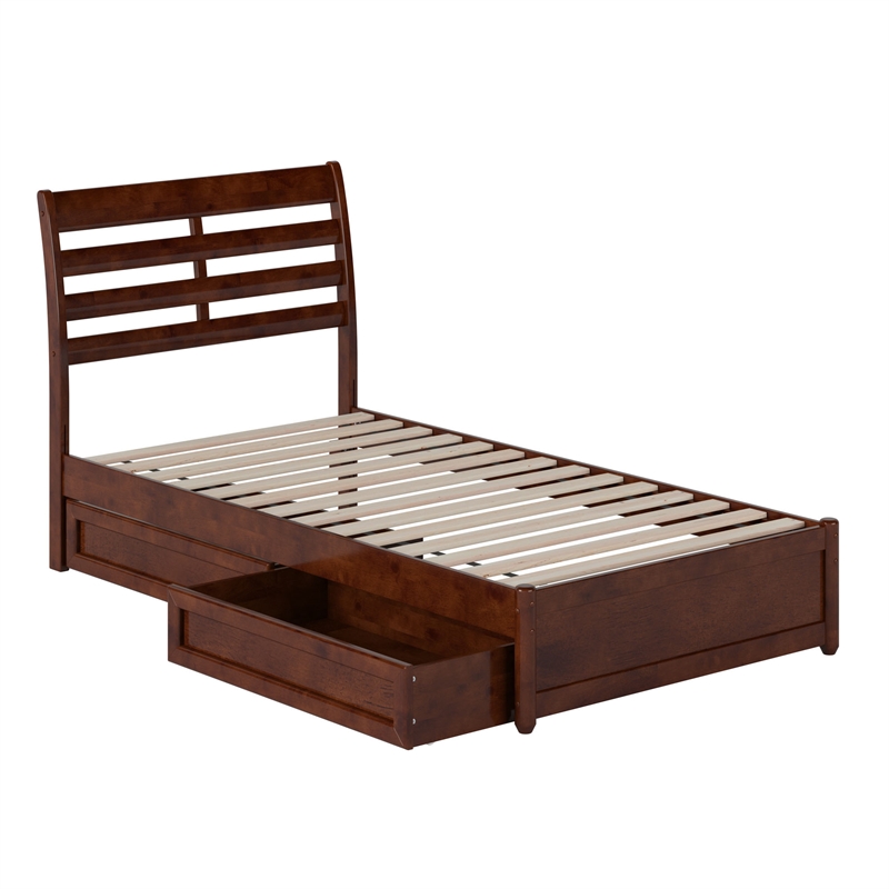 Emelie Twin Wood Platform Bed with Panel Footboard and Storage Drawers in Walnut