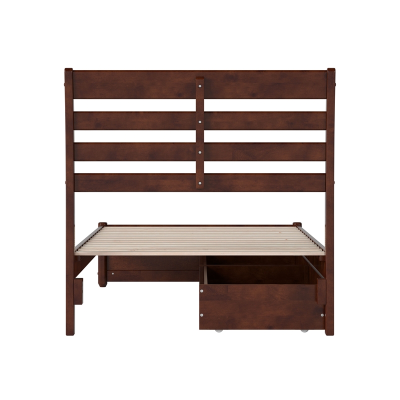 Emelie Twin Wood Platform Bed with Panel Footboard and Storage Drawers in Walnut