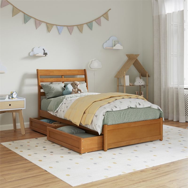 Emelie Wood Twin Platform Bed Panel Footboard & Storage Drawers in Light Toffee