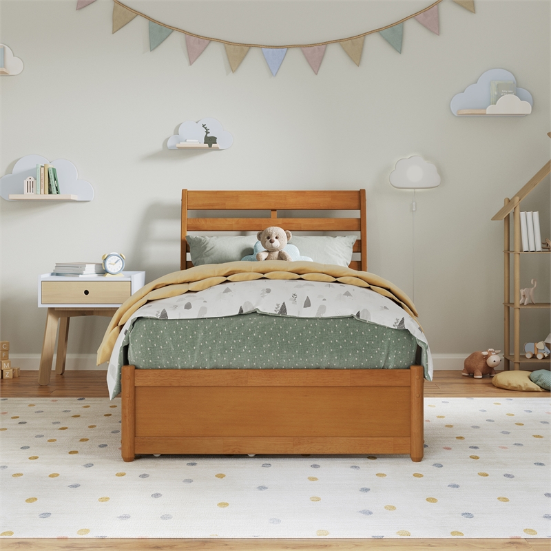 Emelie Wood Twin Platform Bed Panel Footboard & Storage Drawers in Light Toffee