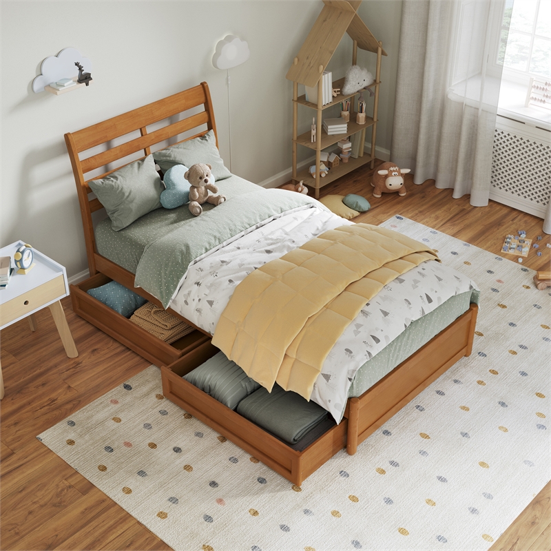 Emelie Wood Twin Platform Bed Panel Footboard & Storage Drawers in Light Toffee