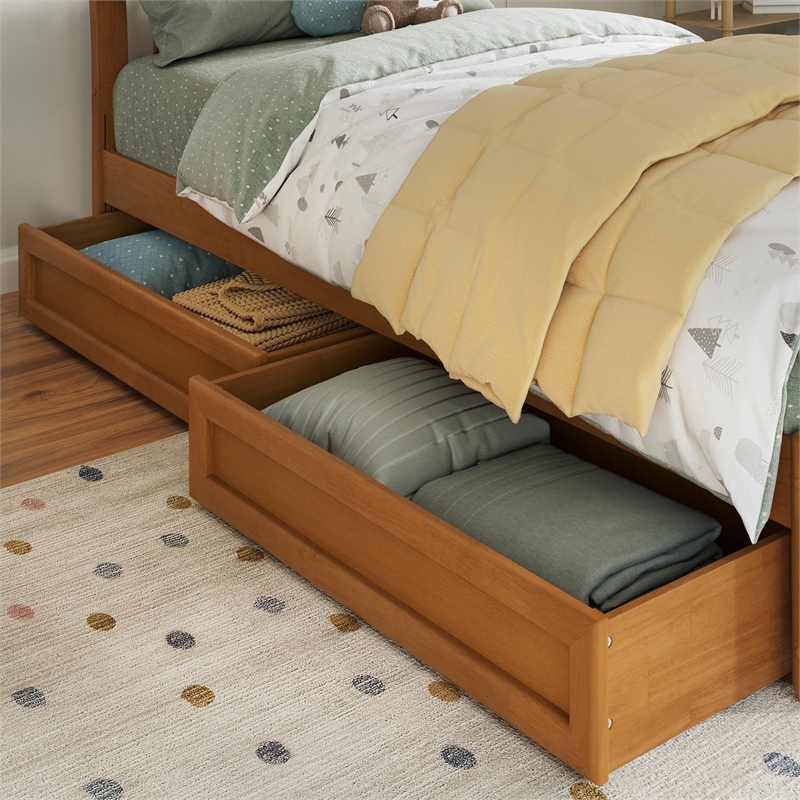 Emelie Wood Twin Platform Bed Panel Footboard & Storage Drawers in Light Toffee