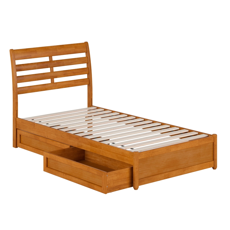Emelie Wood Twin Platform Bed Panel Footboard & Storage Drawers in Light Toffee