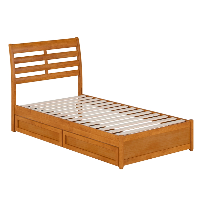 Emelie Wood Twin Platform Bed Panel Footboard & Storage Drawers in Light Toffee
